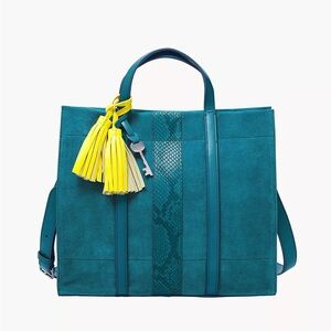 Fossil Carmen Suede Shopper Tote in Lagoon with Snake Accent